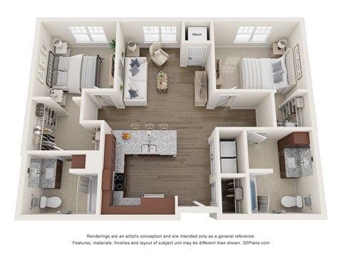 Floor plan for 2 beds, 2 baths, 1106 sqft